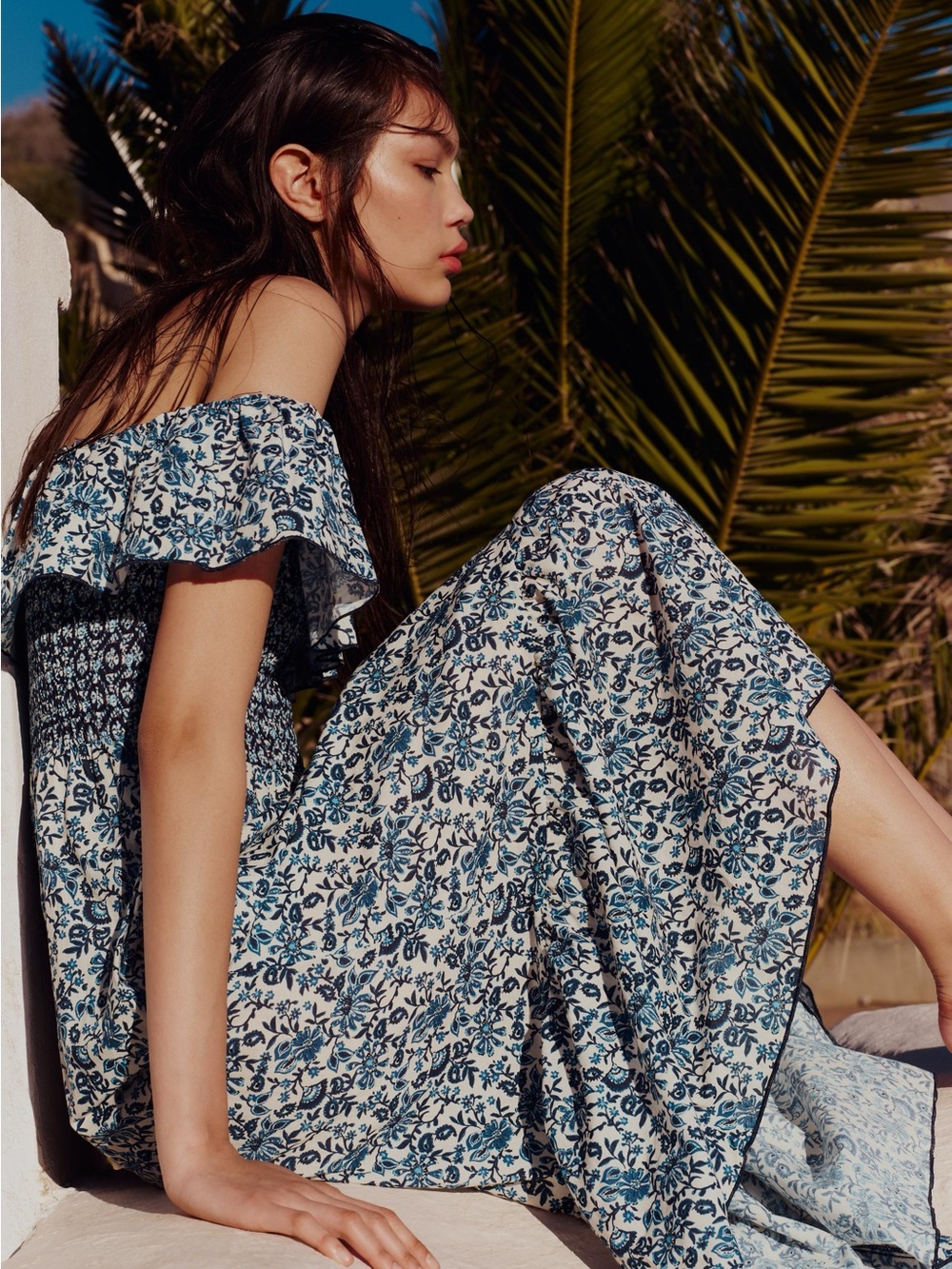 Zara Blue and White Floral Off-Shoulder Maxi Dress